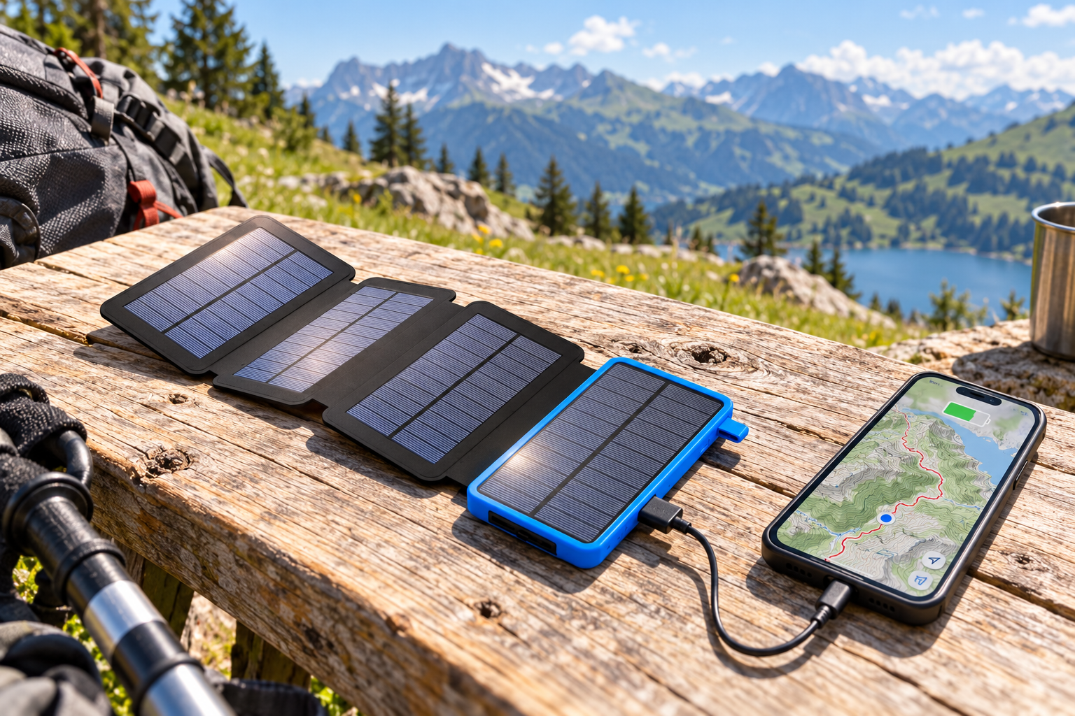 Chargeur solaire accroché à un sac à dos sur un sentier en forêt